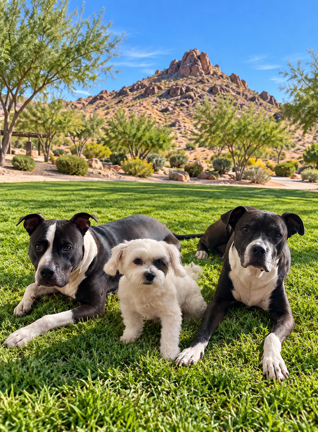Dexter with his brothers Orzo and Frankie in an edited park scene inspired by Exploration Peak Park.