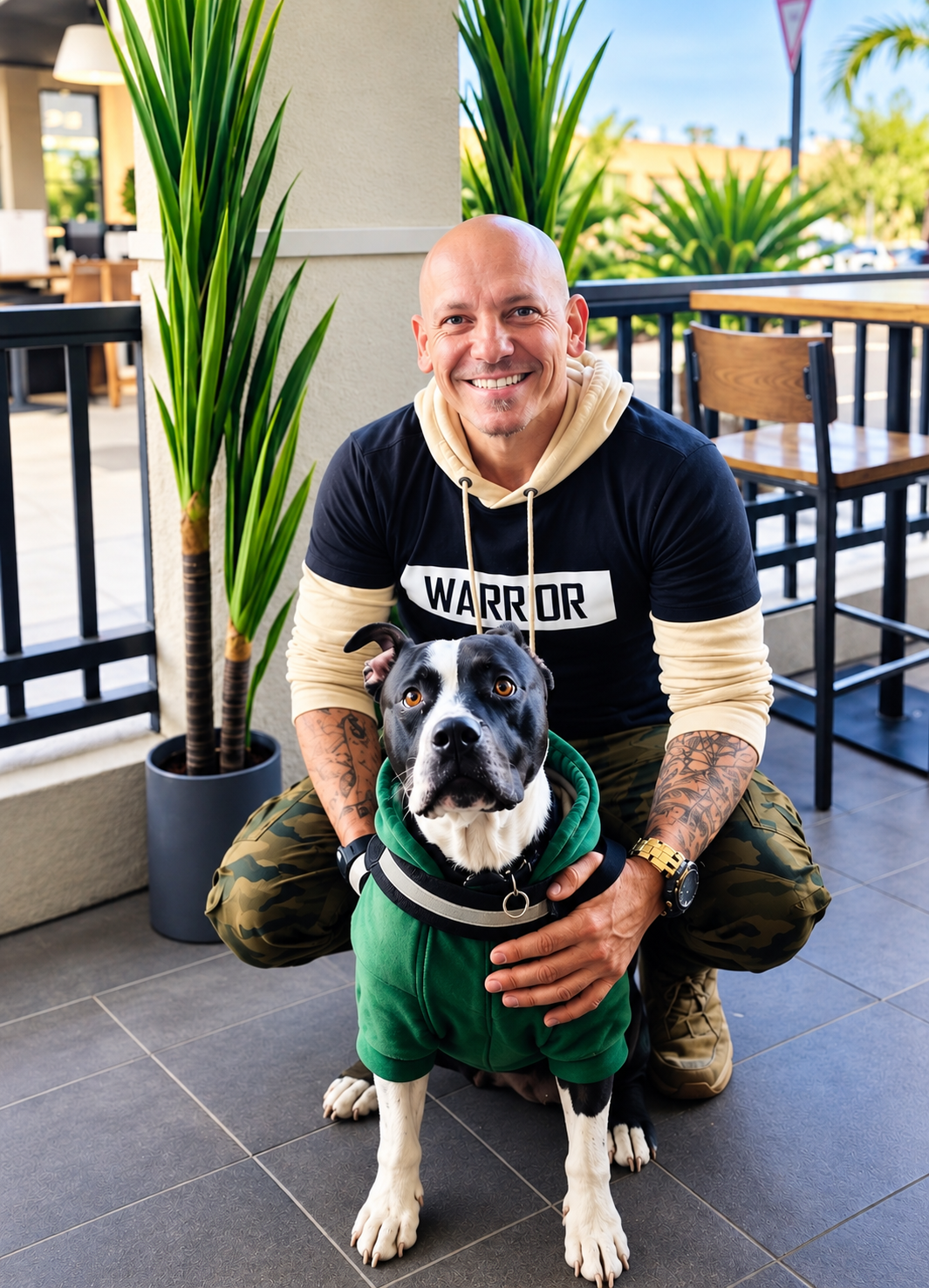 John Gianniosis with Dexter wearing his green hoodie on an outdoor patio